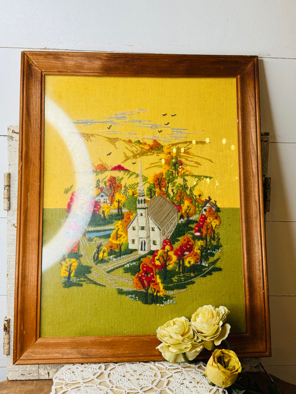 XXL VINTAGE FRAMED HANDMADE NEEDLEPOINT AUTUMN TOWN ART