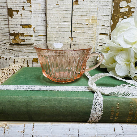 PINK DEPRESSION GLASS VINTAGE ORNATE TEACUP