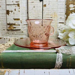 PINK DEPRESSION GLASS VINTAGE ORNATE TEACUP AND SAUCER SET