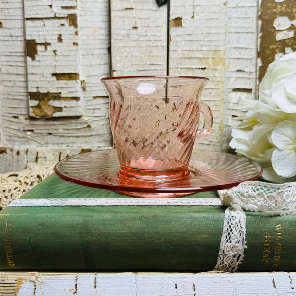 PINK DEPRESSION GLASS VINTAGE ORNATE TEACUP AND SAUCER SET