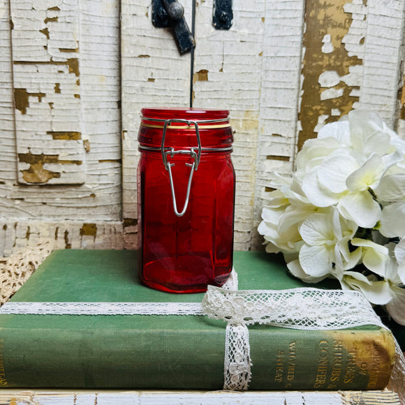 RED VINTAGE GLASS CANISTER JAR