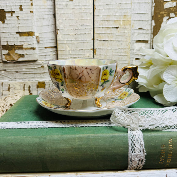 VINTAGE TEACUP AND SAUCER SET - ORNATE YELLOW FLORAL