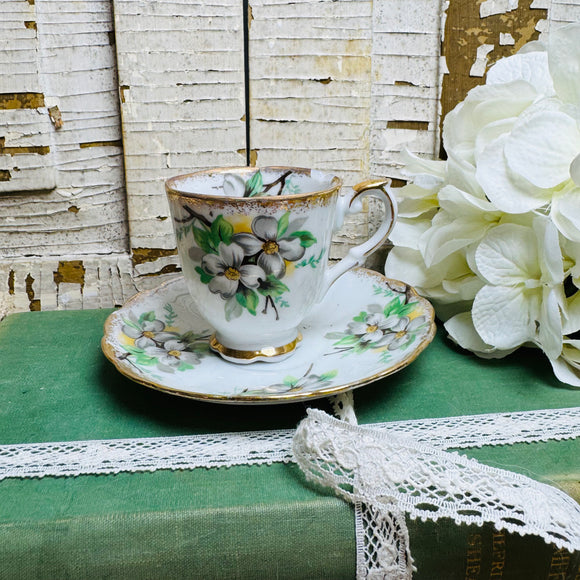 VINTAGE TEACUP AND SAUCER SET - WHITE FLOWERS
