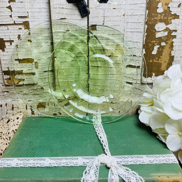 SET OF 2 BLOCK OPTIC VINTAGE URANIUM GLOWING GLASS LUNCH DESSERT PLATES - 7 SETS AVAILABLE