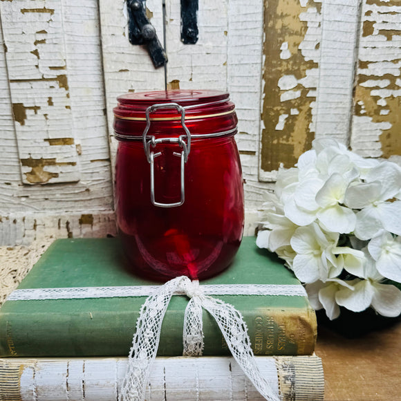 LARGE RED GLASS VINTAGE CANISTER
