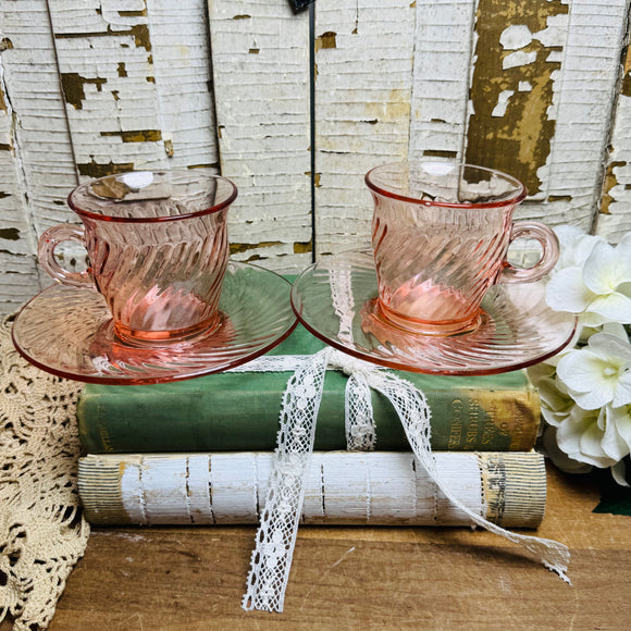 VINTAGE SET OF 2 GLASS PINK SWIRL VINTAGE CUP AND SAUCER - 2 SETS AVAILABLE