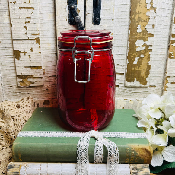 XL RED GLASS CANISTER VINTAGE