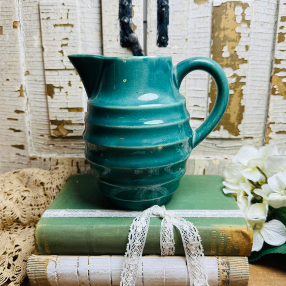 VINTAGE GREEN RING POTTERY PITCHER