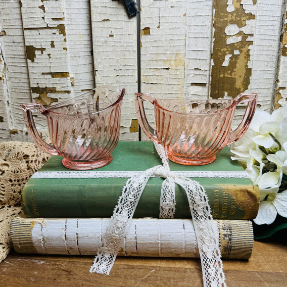 VINTAGE PINK DEPRESSION GLASS RIBBED SUGAR BOWL AND CREAMER SET