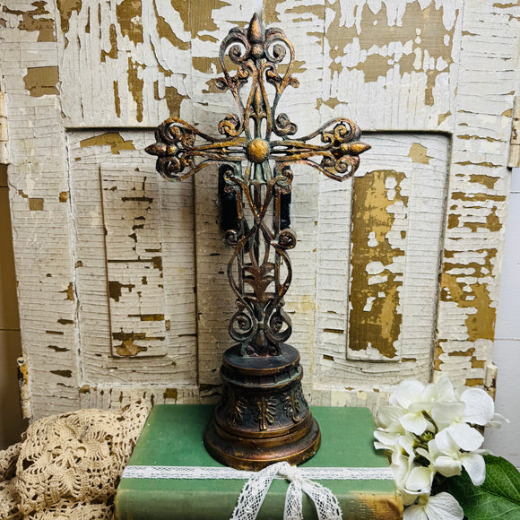 ORNATE RUSTIC GOLD RESIN TALL CROSS VINTAGE