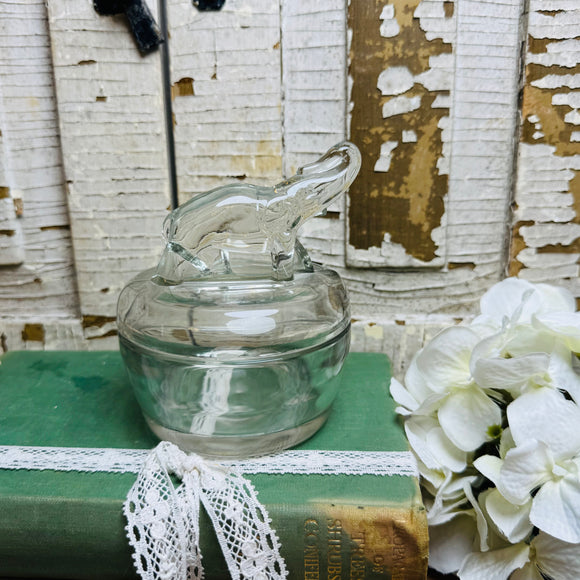 VINTAGE GLASS ELEPHANT ORNATE TRINKET JAR AND LID