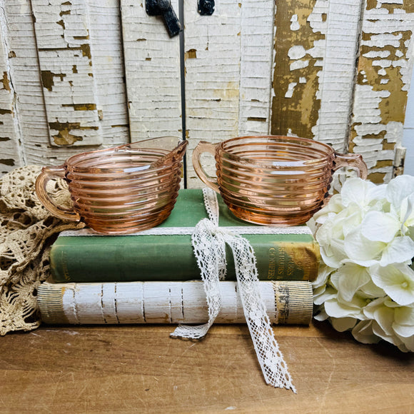 VINTAGE PINK DEPRESSION GLASS MANHATTAN SUGAR BOWL AND CREAMER SET