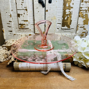 VINTAGE PINK GLASS ETCHED PLATTER TRAY