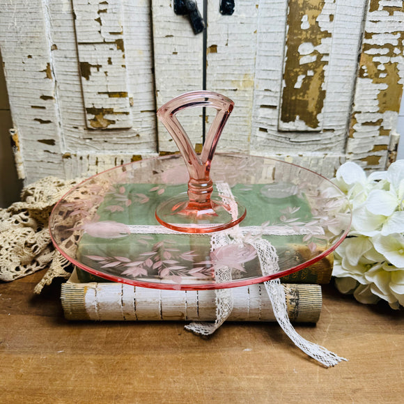 VINTAGE PINK GLASS ETCHED PLATTER TRAY