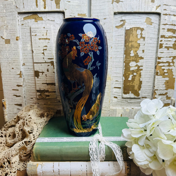 VINTAGE TALL BLUE ASIAN VASE WITH GOLD PEACOCK
