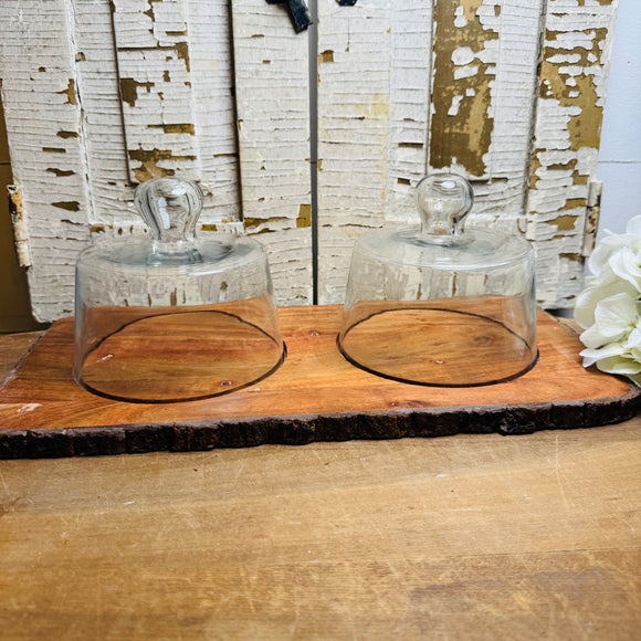 VINTAGE RUSTIC WOODEN CHEESEBOARD WITH DOUBLE CLOCHE