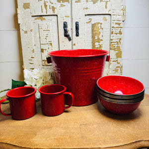 9 PIECE SET RED ENAMEL BUCKET, BOWLS, MUGS