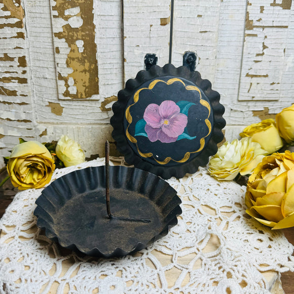 ANTIQUE HAND PAINTED TART PAN / APPLE BAKER / RECEIPT HOLDER - PURPLE PINK