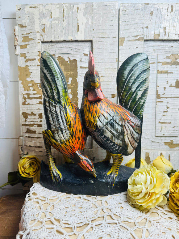 VINTAGE CARVED WOOD ROOSTERS STATUETTE