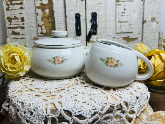 VINTAGE HALL POTTERY ROSE PATTERN SUGAR BOWL AND CREAMER SET