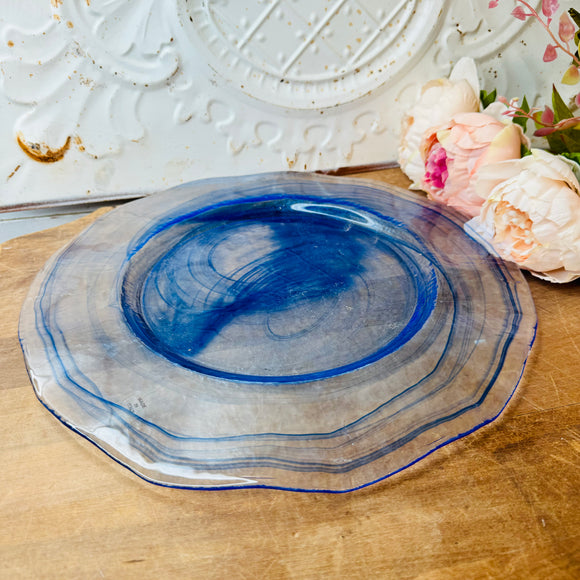 VINTAGE BLUE SWIRL ART GLASS PLATTER