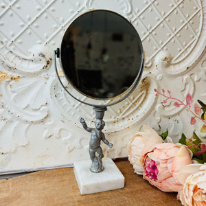 VINTAGE CHERIB ORNATE MIRROR ON MARBLE PEDESTAL