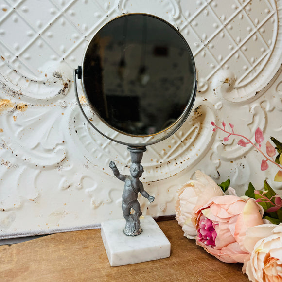 VINTAGE CHERIB ORNATE MIRROR ON MARBLE PEDESTAL