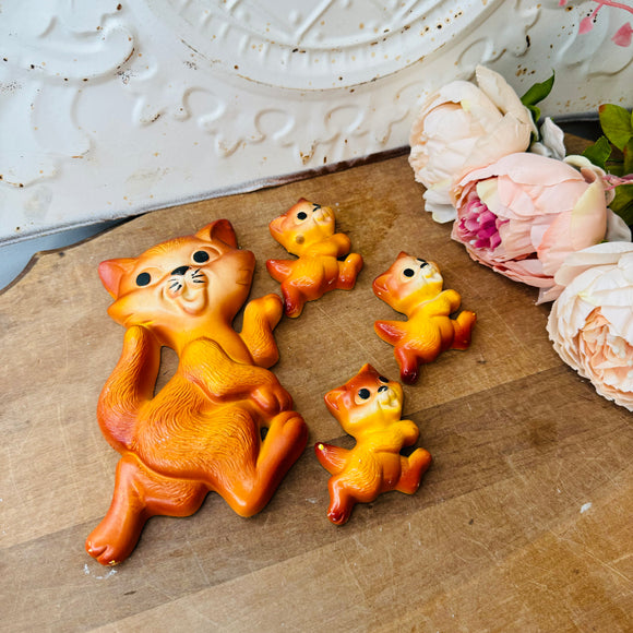 SET OF 4 VINTAGE 1970S CHALKWARE ORANGE CATS DECOR