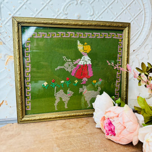 CROSS STITCH GARDEN AND PETS ART WITH ANTIQUE FRAME