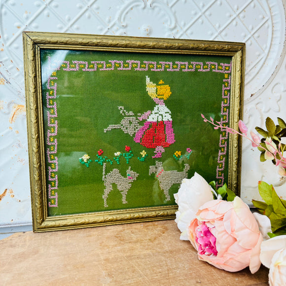 CROSS STITCH GARDEN AND PETS ART WITH ANTIQUE FRAME