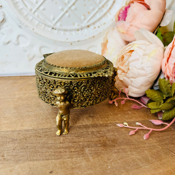 VINTAGE CHERUB FILIGREE ORNATE TRINKET BOX
