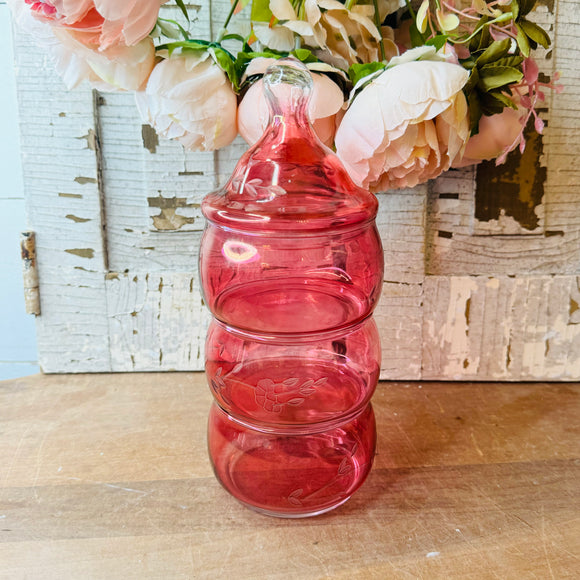 VINTAGE PRINCESS HOUSE CRANBERRY GLASS 3 TIERED CANDY DISH