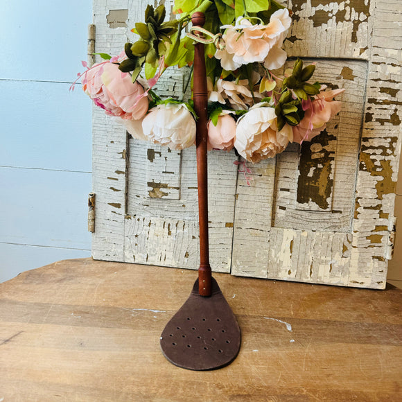 RARE ANTIQUE LEATHER AND WOOD FLY SWATTER