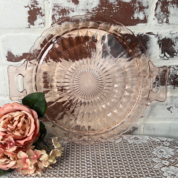 PINK DEPRESSION GLASS CRYSTAL CUT HANDLE TRAY