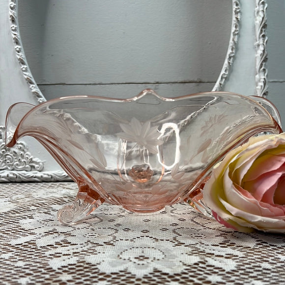 PINK DEPRESSION ETCHED FLORAL BASKET ON FEET