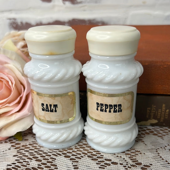 MILK GLASS SWIRL WESTERN SALT AND PEPPER SHAKERS WITH SILVER TOPS