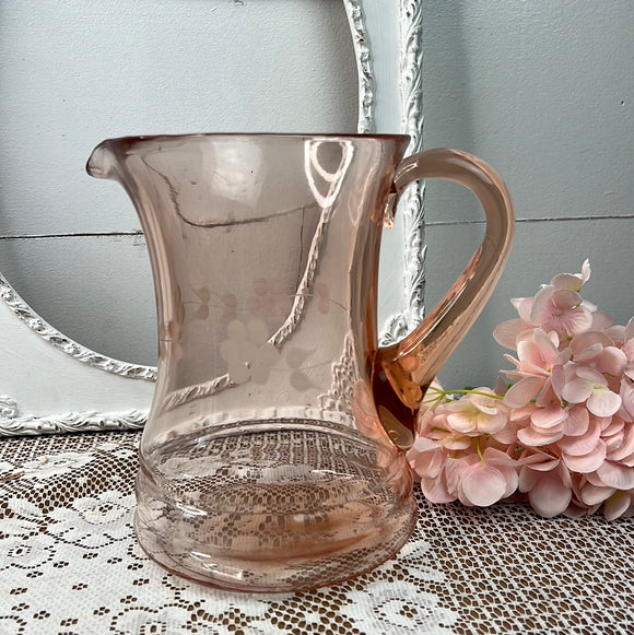 PINK DEPRESSION GLASS ETCHED FLORAL PITCHER