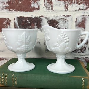 SET - MILK GLASS GRAPE MOTIF SUGAR BOWL AND CREAMER