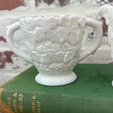 MILK GLASS SET VINTAGE CREAMER AND SUGAR ORNATE DETAIL