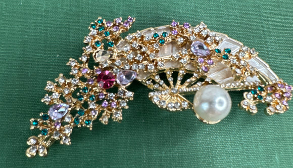 FAN AND FLOWERS BLING GEM BROOCH