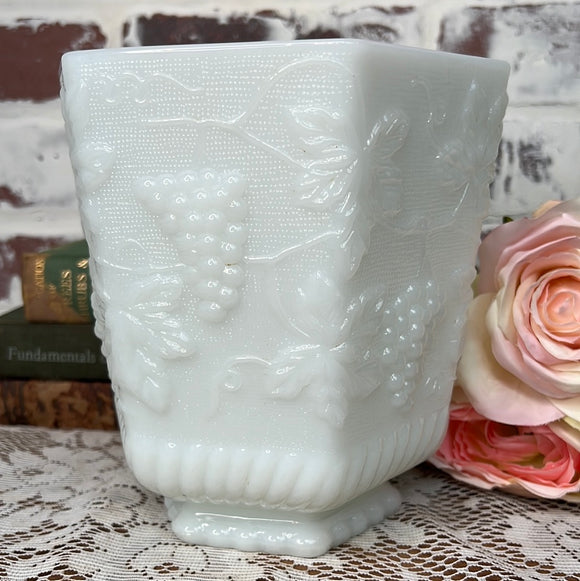 LARGE MILK GLASS GRAPE MOTIF VASE