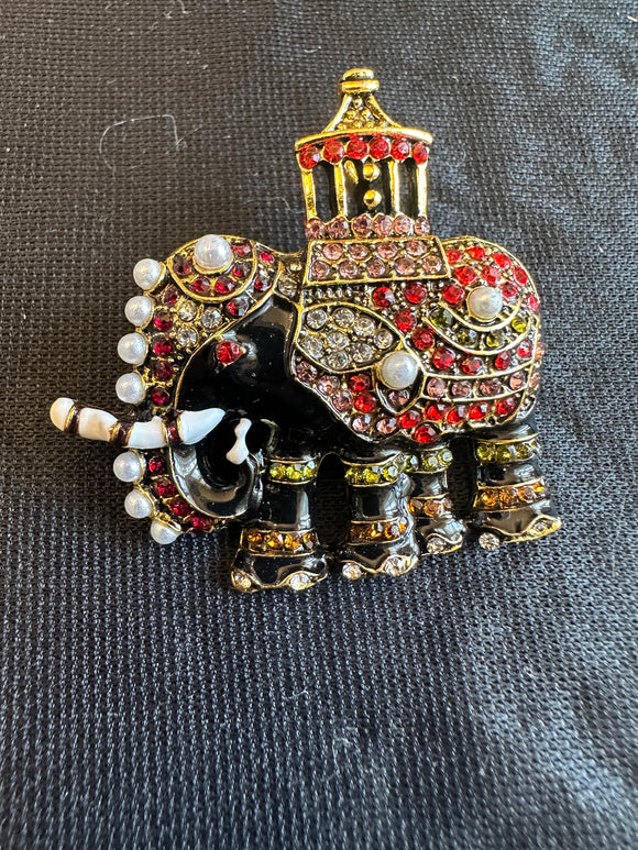 ELEPHANT ENAMEL PEARL GEM BROOCH