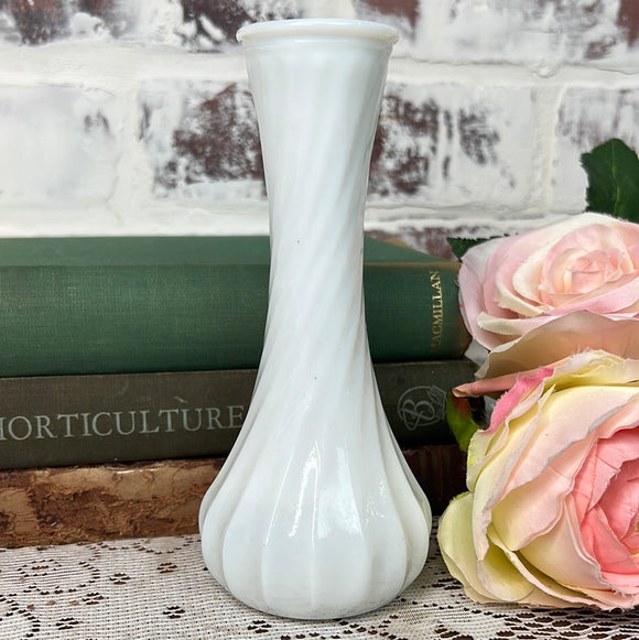 MILK GLASS ORNATE BUD VASE