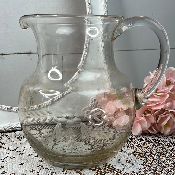 Floral Etched Vintage Glass Large Pitcher Faux Your Eyes Only Boutique 3597