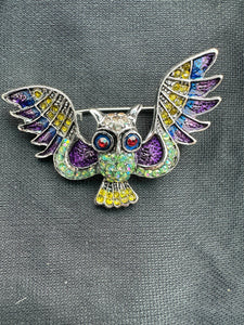 OWL AND WINGS ENAMEL AND GEM BROOCH