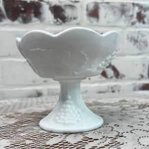 MILK GLASS GRAPE MOTIF SCALLOPED CANDLESTICK HOLDER