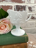 MILK GLASS PEDESTAL GRAPE MOTIF SUGAR BOWL AND CREAMER SET