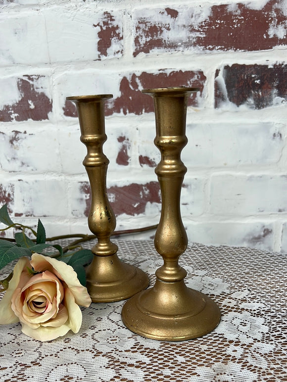 BRASS TONED PAIR OF CANDLESTICK HOLDERS #1