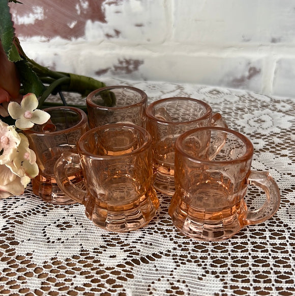 SET OF 5 VINTAGE MINI PINK GLASS MUG SHOT GLASSES