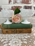 MILK GLASS PEDESTAL GRAPE MOTIF SUGAR BOWL AND CREAMER SET